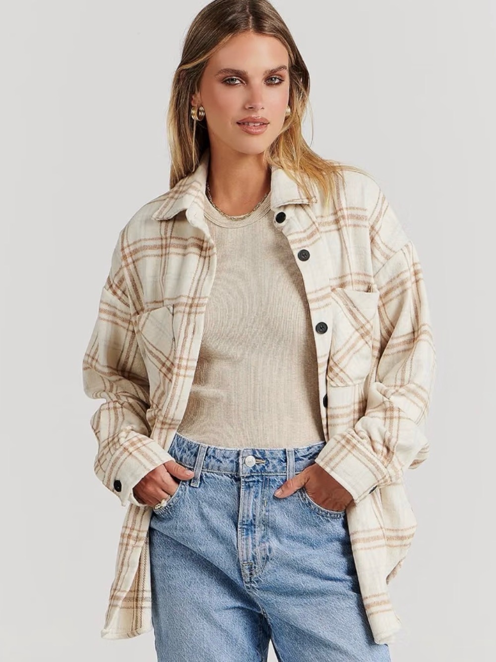 Cozy Cream Plaid Button-Down Shacket